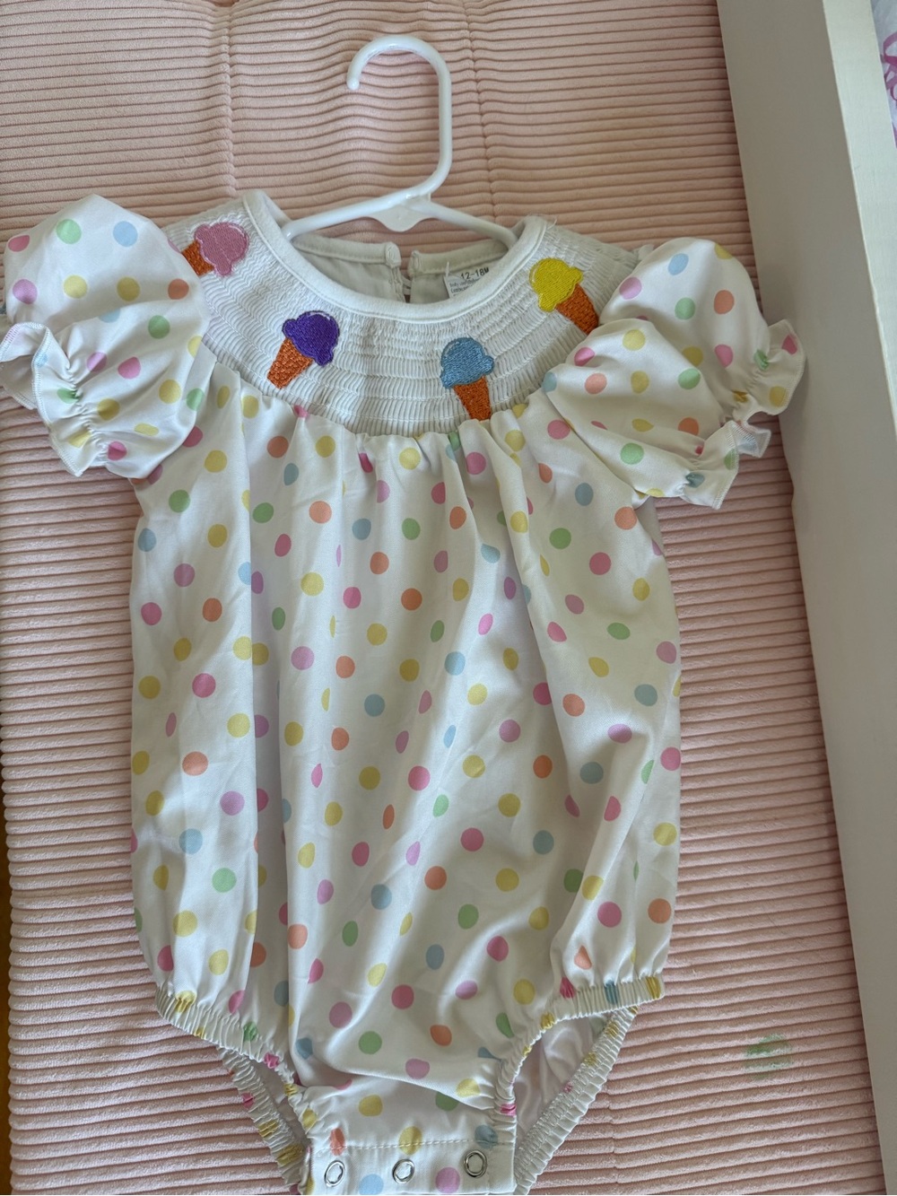 White Polka Dot Baby Romper with Ice Cream Embroidery